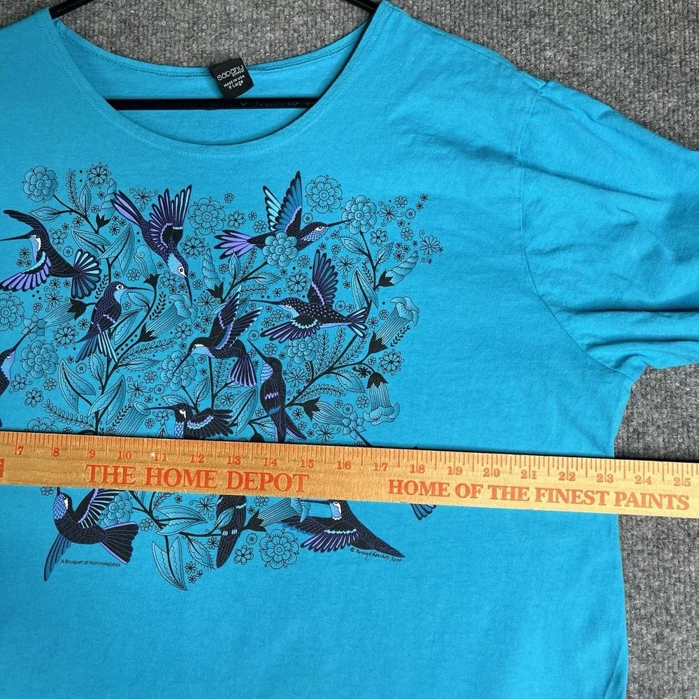 Sabaku Artwear‎ Bouquet Of Hummingbirds Top XL Blue Artsy 3/4 Sleeve
